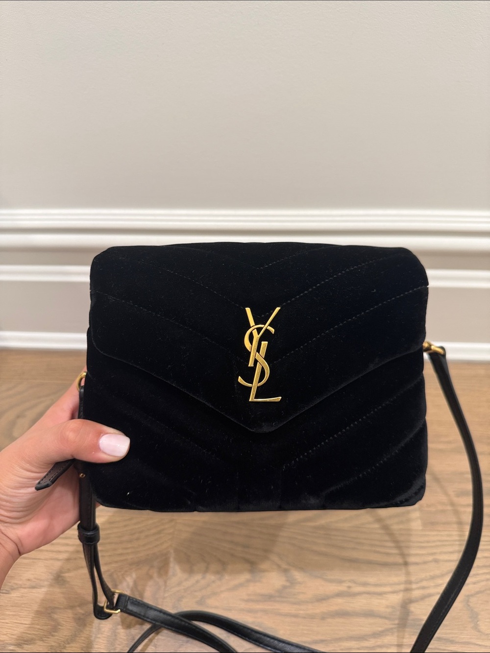Saint Laurent Black Velvet Quilted Crossbody with Gold YSL Hardware - Picture 2 of 5
